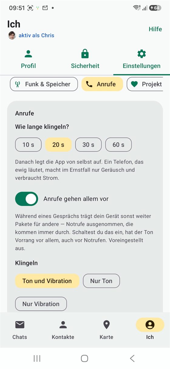 Einstellungen — wie lange klingeln, Ton und Vibration