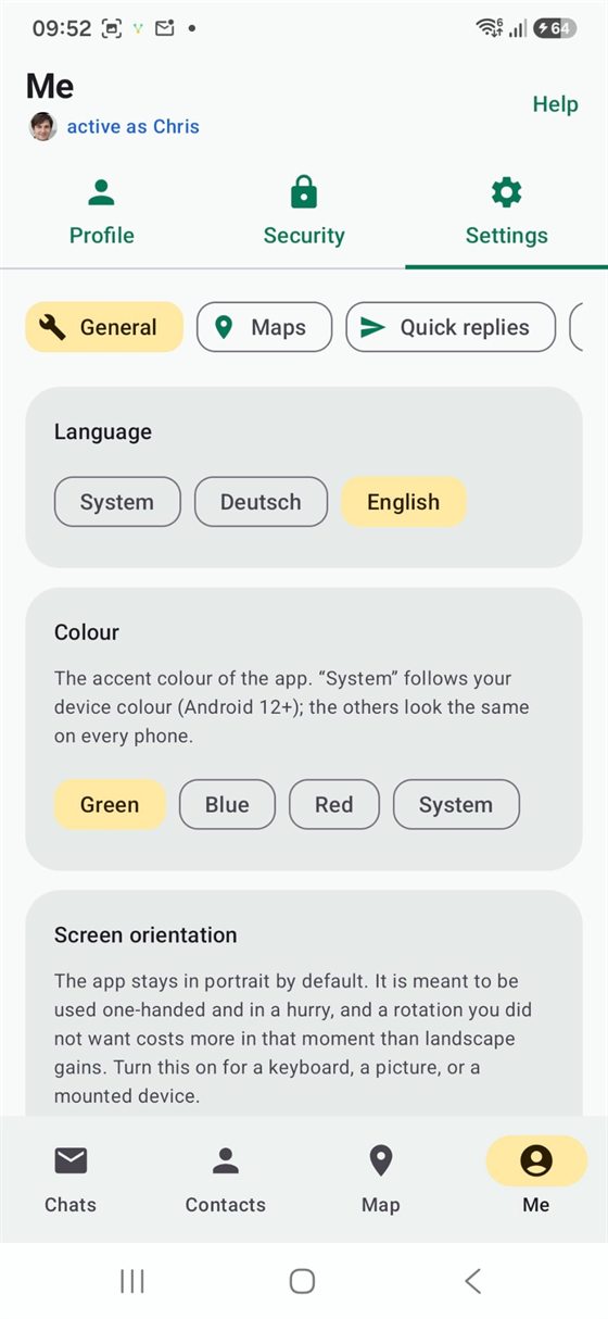 Settings — language, colour and screen orientation