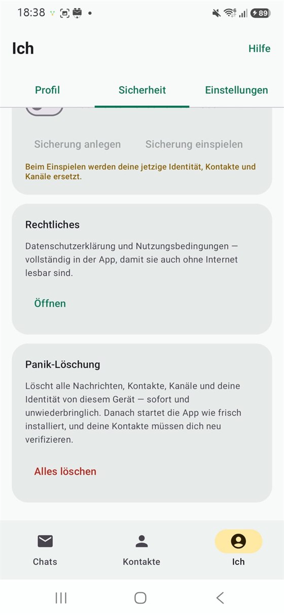 Ich — Sicherung & Rechtliches