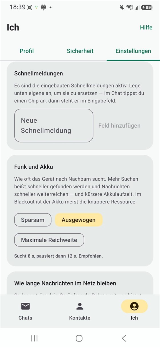 Einstellungen — Schnellmeldungen & Funk